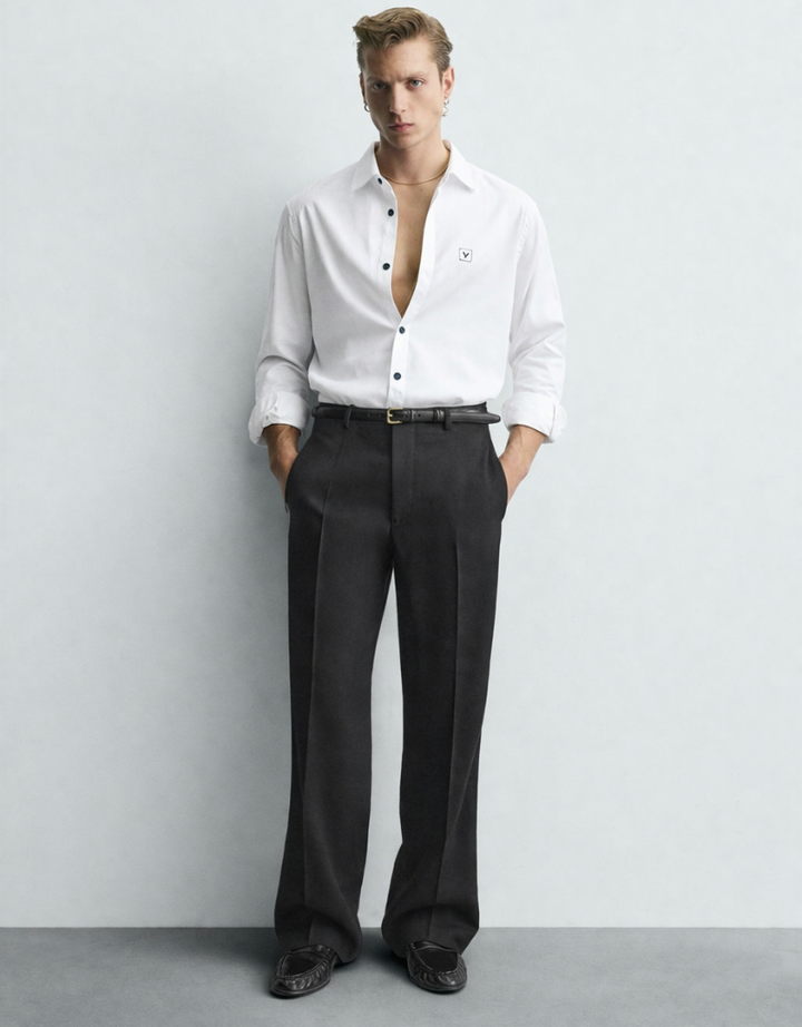 Men’s white satin shirt with a luxe finish, stylish and smooth, by Kapdasale, displayed on a hanger against a neutral background.