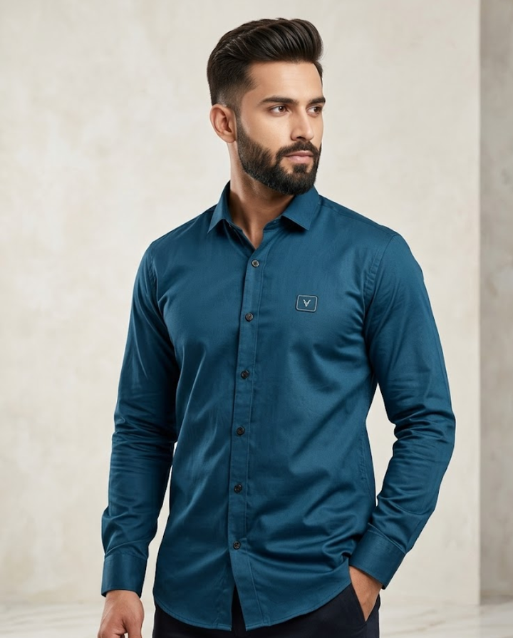 Men’s deep teal satin shirt with luxe evening finish by Kapdasale, showcasing smooth fabric and elegant collar details.