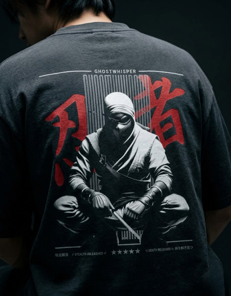 Goatkapda Ghost Whisper T-shirt featuring a ghostly graphic design on a dark fabric background.