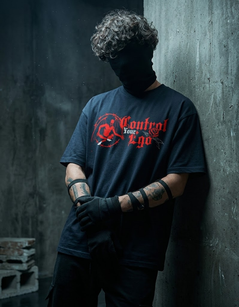 Control your Ego by Goatkapda, featuring a stylish graphic design on a t-shirt with bold text and modern artwork.