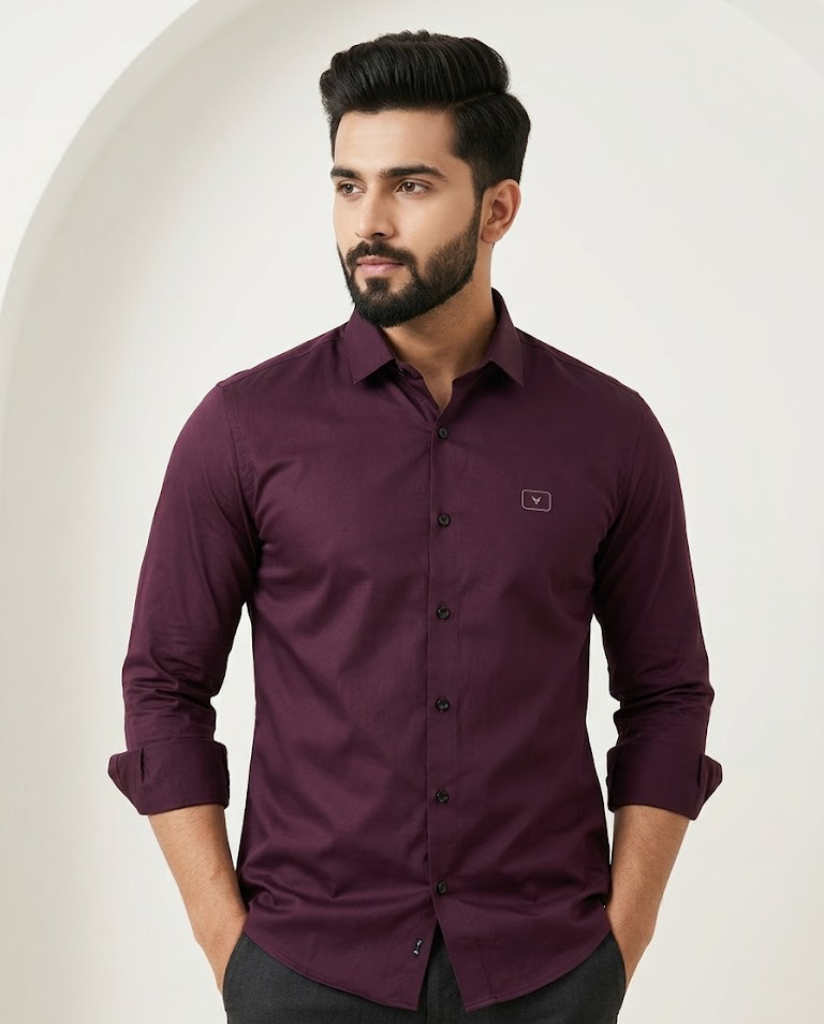 Men’s maroon satin shirt with luxe sheen and tailored fit, featuring smooth fabric and classic collar by Kapdasale.