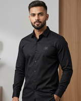 Men's black satin shirt with a premium sheen, featuring a sleek design and smooth fabric from Kapdasale.