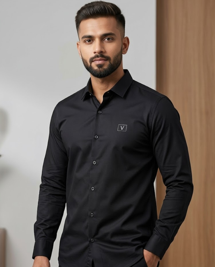 Men's black satin shirt with a premium sheen, featuring a sleek design and smooth fabric from Kapdasale.