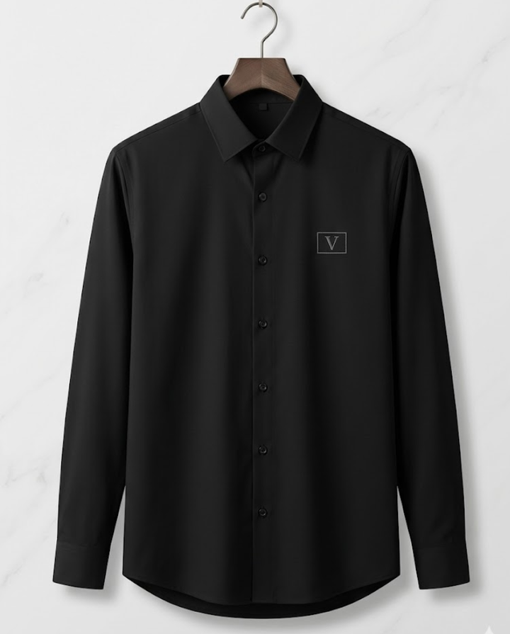 Men’s black satin shirt with a premium sheen, stylish and smooth fabric, from Kapdasale.