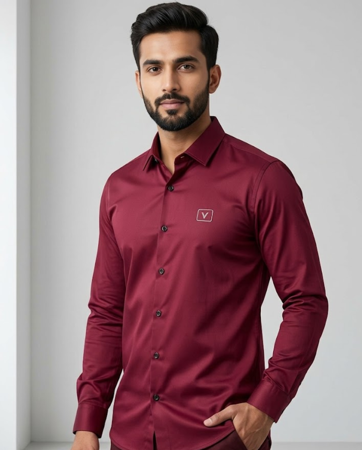 Men’s wine satin shirt by Kapdasale with a premium gloss finish, showcasing a smooth, luxurious fabric and stylish fit.