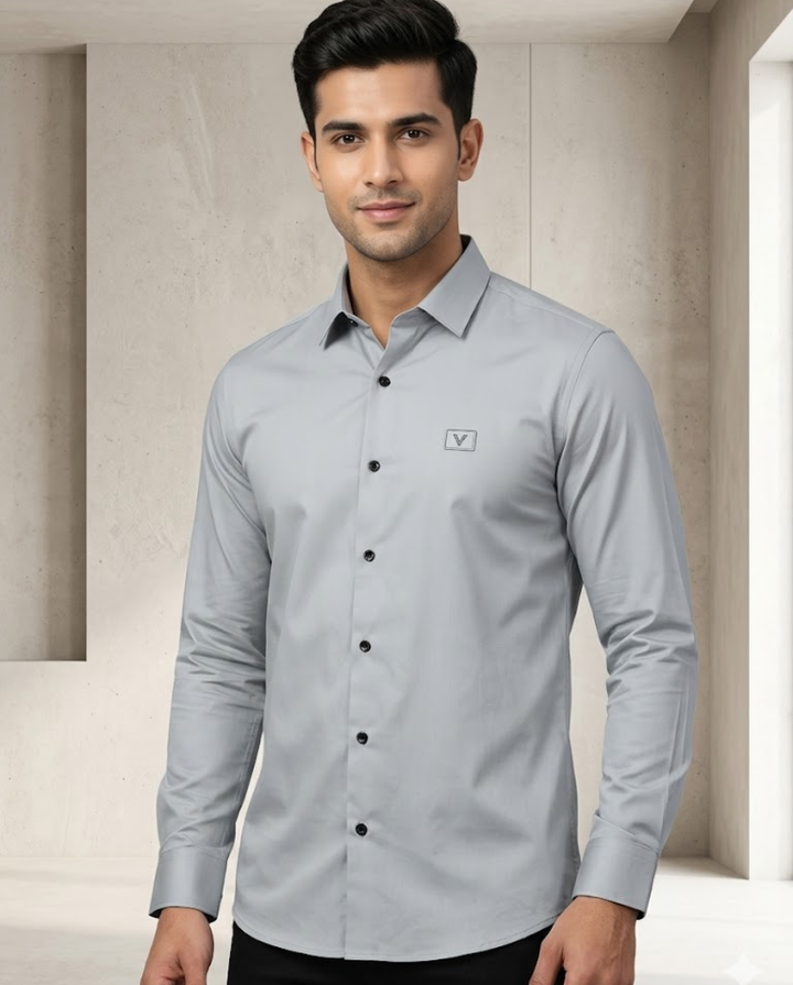 Men’s silver satin shirt with a luxe shine from Goatkapda, featuring a smooth, glossy finish perfect for evening wear.
