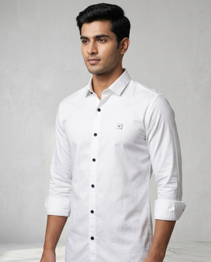 Men’s white satin shirt with luxe finish by Kapdasale, showcasing smooth fabric and tailored fit.