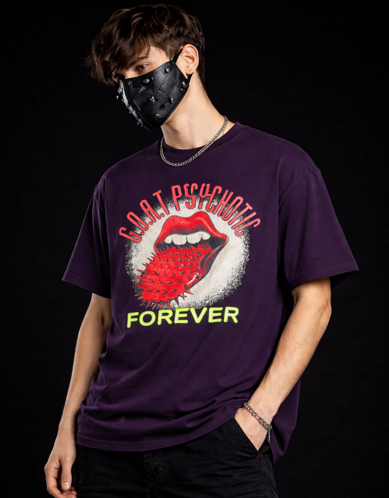 Goatkapda GOAT Psychotic hoodie with bold graphic design, featuring black fabric and colorful print on the front.