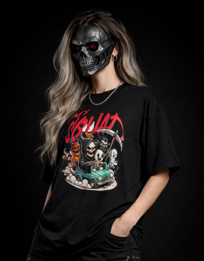 Colorful "My Squad" graphic t-shirt by Goatkapda featuring bold text and vibrant design on a casual cotton shirt.