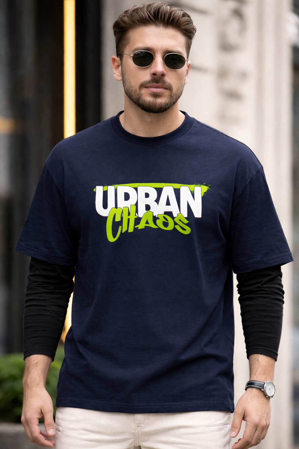 Men's oversized Urban Chaos™ T-shirt by Goatkapda featuring bold graphic print in casual streetwear style.