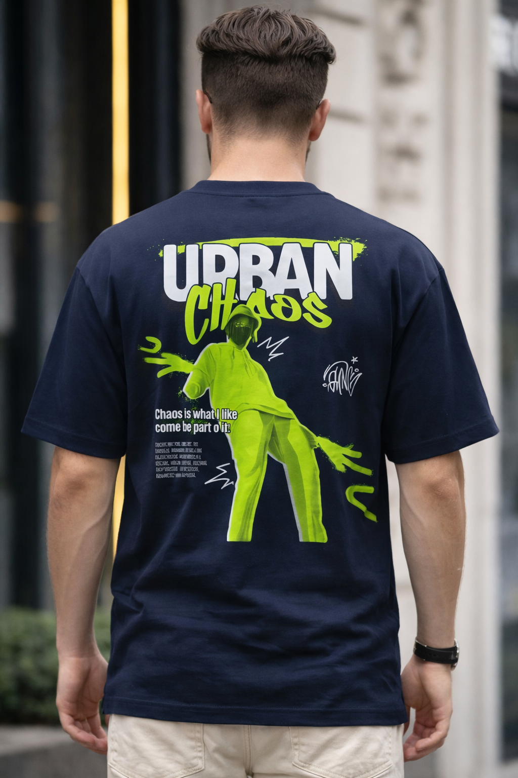Men's oversized Urban Chaos™ T-shirt by Goatkapda featuring bold graphic design and relaxed fit on a plain background.