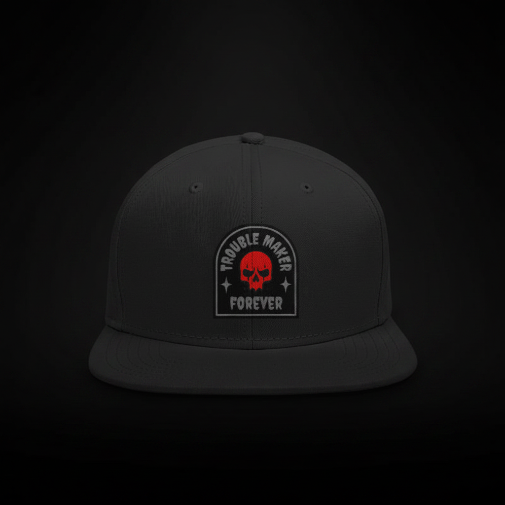 Goatkapda Trouble Maker snapback cap with bold front design, adjustable strap, and classic flat brim, stylish headwear for casual wear.