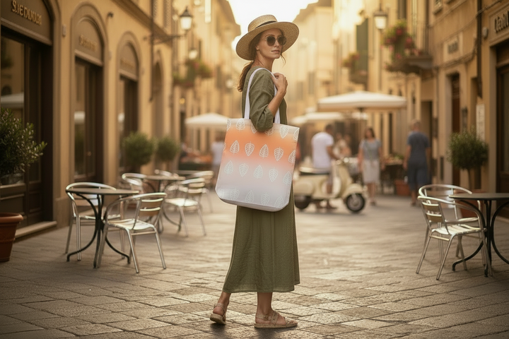 Goatkapda Leaf Tote Bag showing the front with a large leaf design and spacious pocket on the left side.