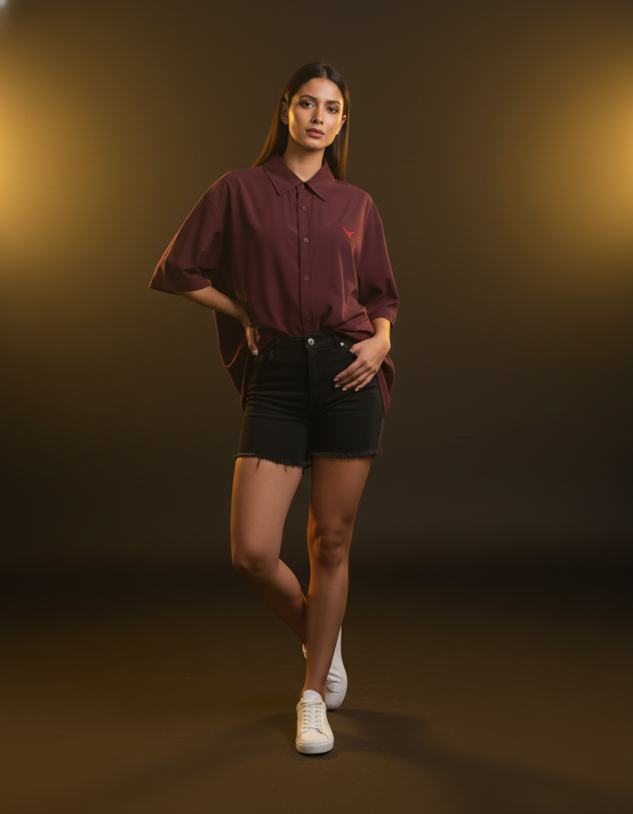 Maroon fashion mockup showcasing a stylish garment by Goatkapda with detailed fabric and design elements.