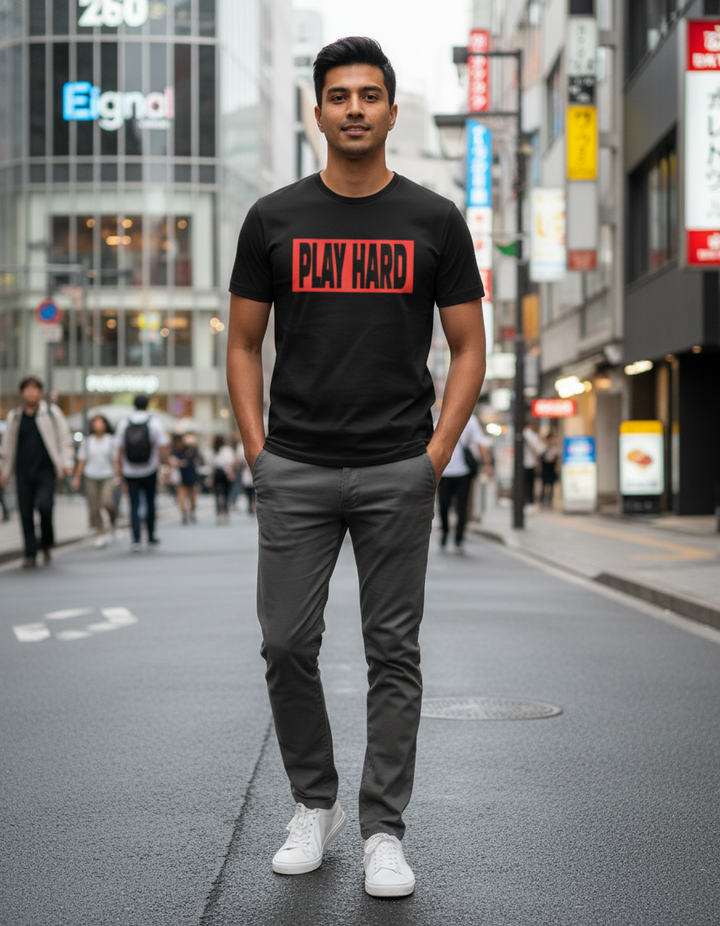 Fashion mockup featuring Goatkapda Play Hard graphic T-shirt with bold print and casual style on a neutral background.