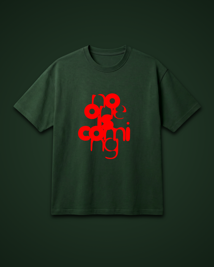 Goatkapda "No One Is Coming" graphic t-shirt featuring bold text on a black fabric background.