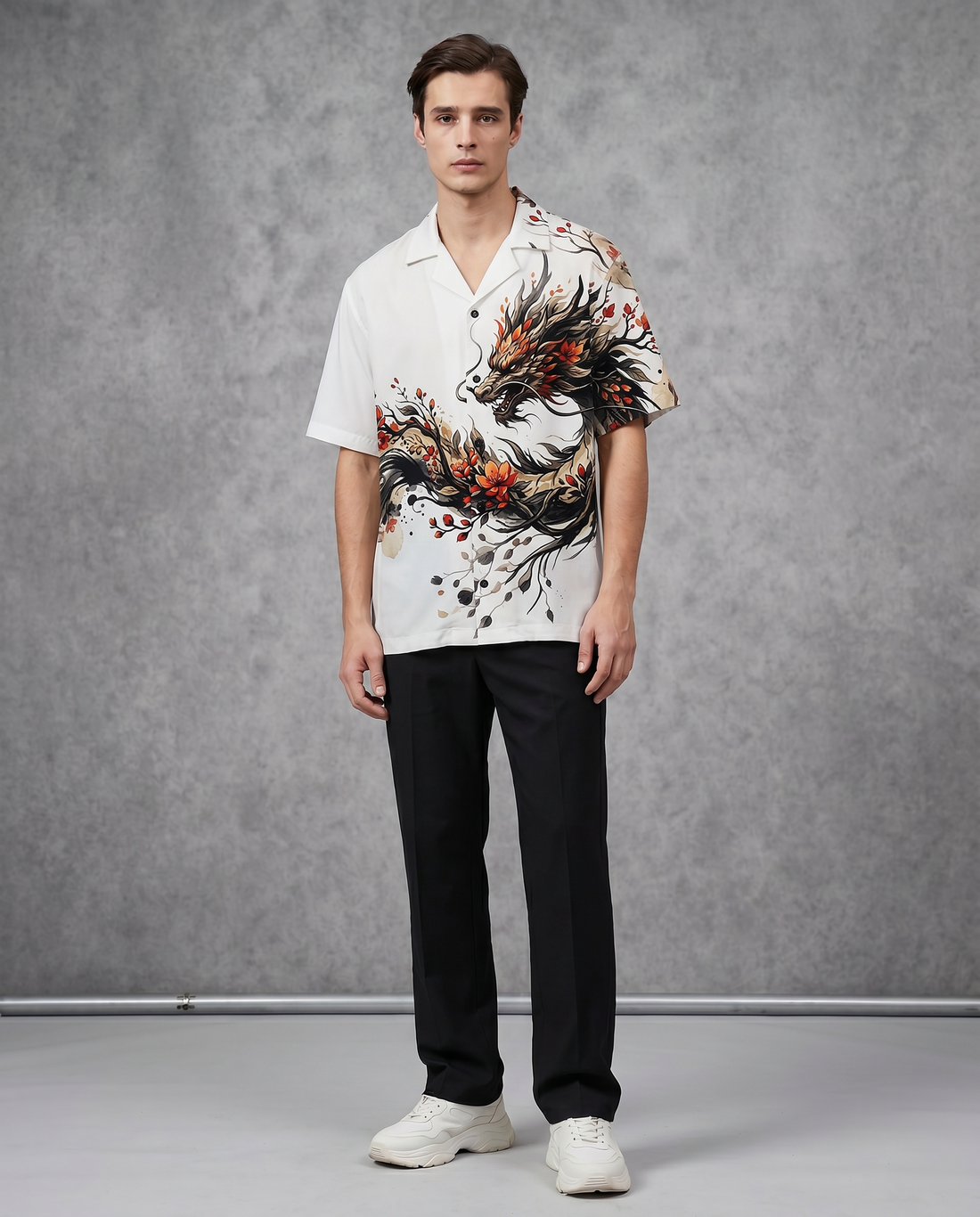Goatkapda dragon print Hawaii shirt featuring vibrant dragon design on lightweight fabric, perfect for casual summer wear.