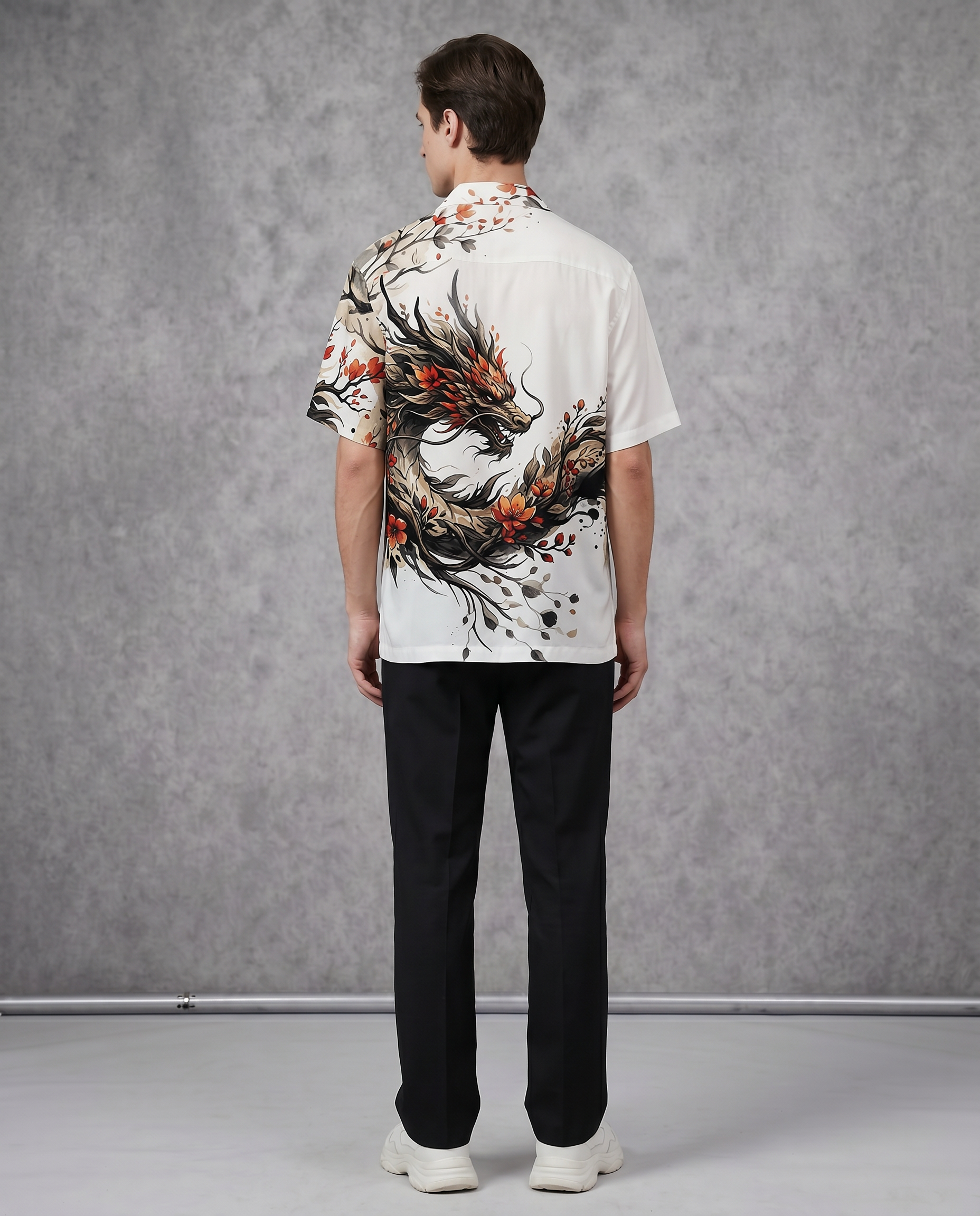 Goatkapda dragon print Hawaii shirt featuring vibrant dragon designs on lightweight fabric, perfect for casual summer wear.
