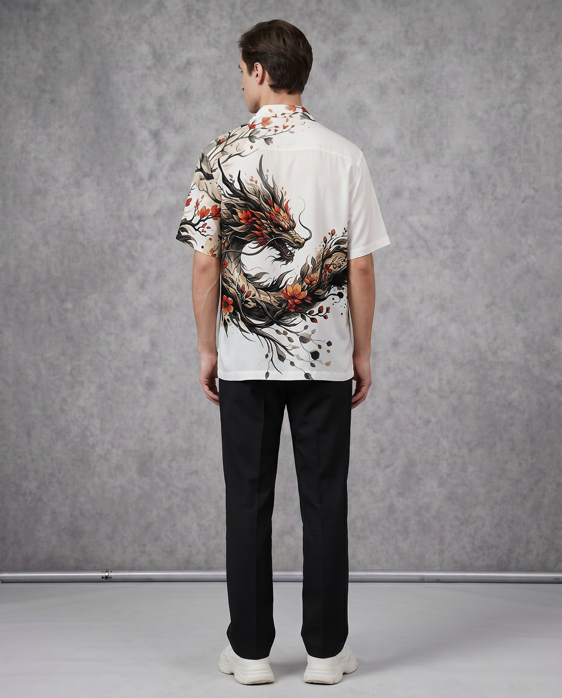Goatkapda dragon print Hawaii shirt featuring vibrant dragon designs on lightweight fabric, perfect for casual summer wear.