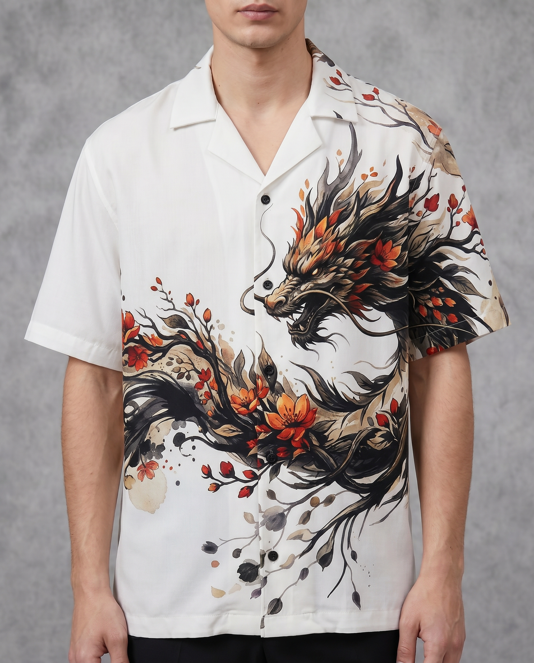 Goatkapda dragon print Hawaii shirt featuring vibrant dragon designs on lightweight fabric, perfect for casual summer wear.