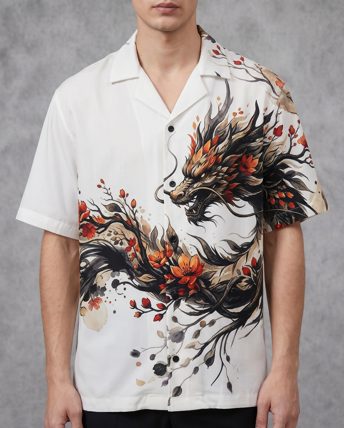 Goatkapda dragon print Hawaii shirt featuring vibrant dragon designs on lightweight fabric, perfect for casual summer wear.
