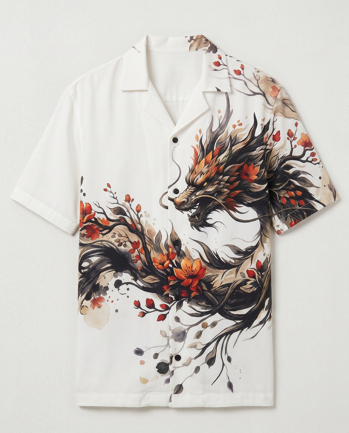Goatkapda dragon print Hawaii shirt with vibrant tropical design, featuring colorful dragon motifs on lightweight fabric.