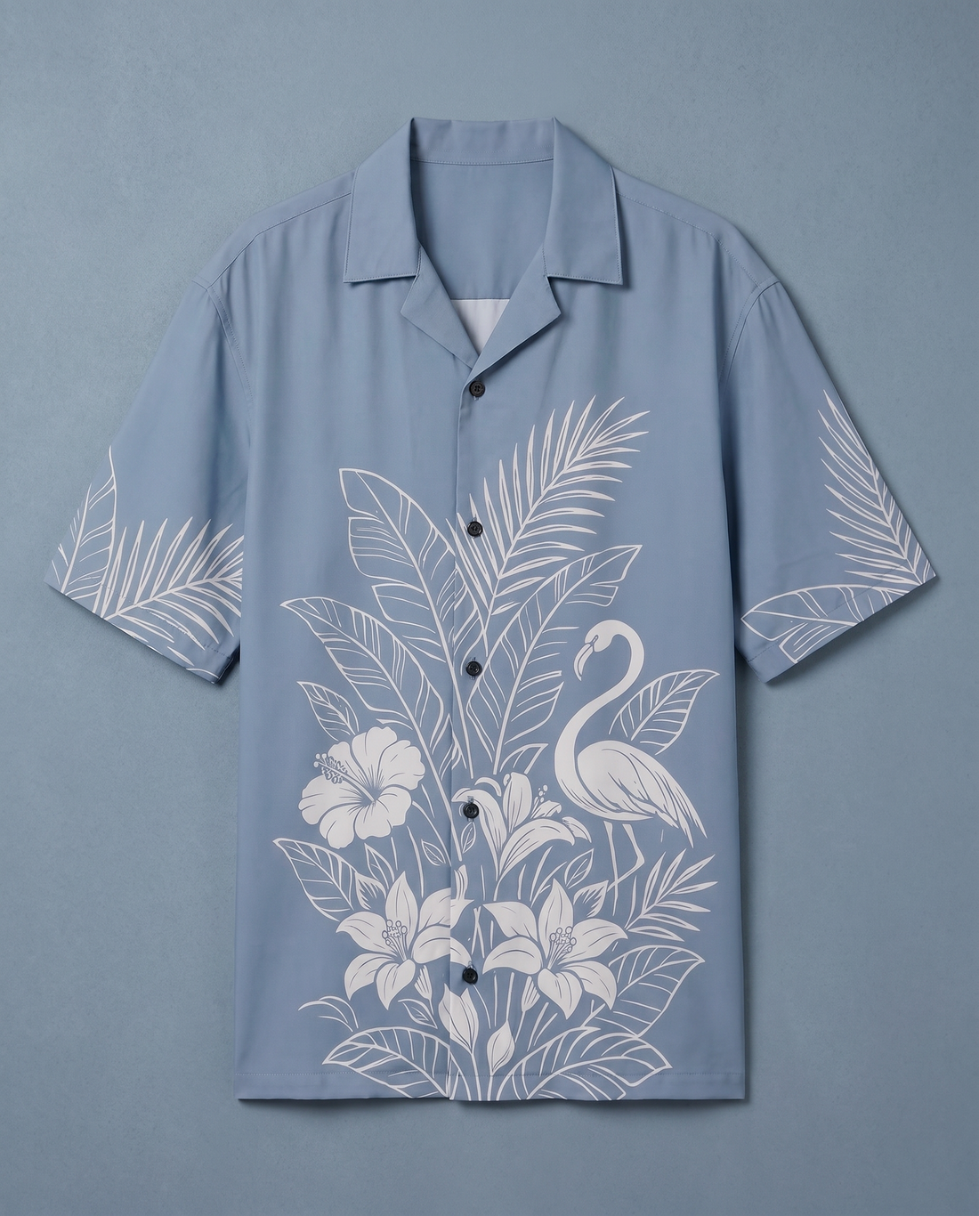 Sky blue tropical flamingo shirt by Goatkapda featuring a vibrant flamingo pattern on lightweight fabric.