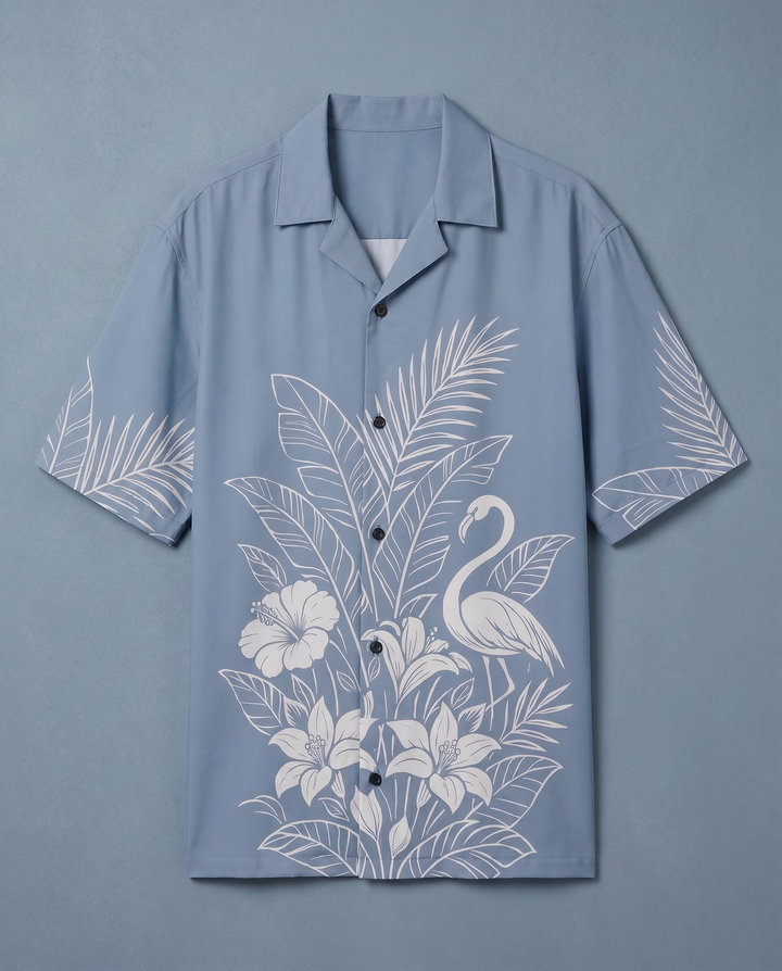 Sky blue tropical flamingo shirt by Goatkapda featuring a vibrant flamingo pattern on lightweight fabric.