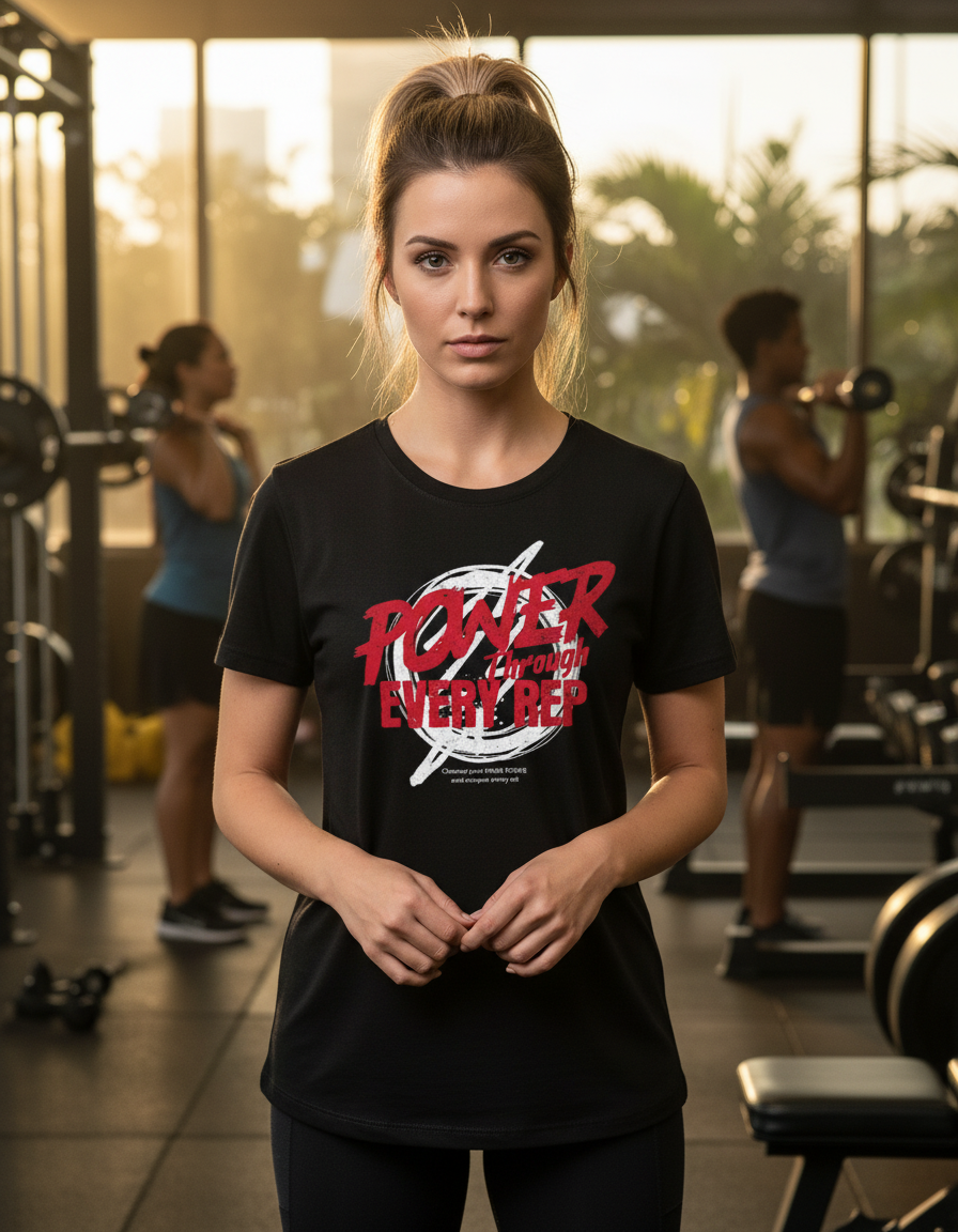 Power Every Rep Goatkapda fitness workout shirt displayed on a hanger, featuring a sleek black design and bold white logo.