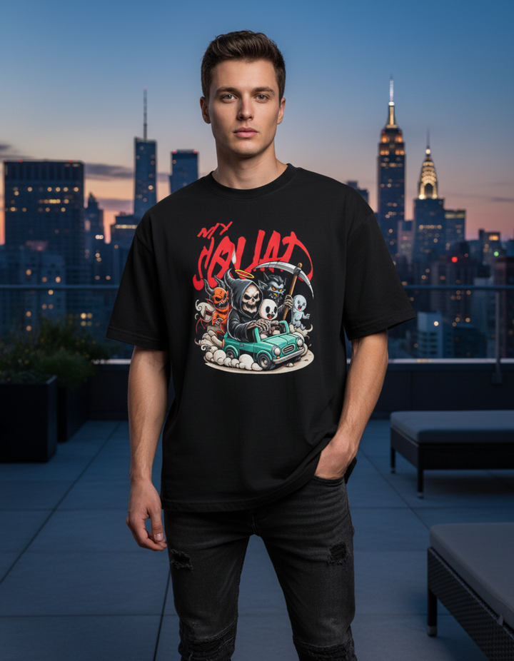 Colorful graphic t-shirt from Goatkapda's My Squad collection featuring vibrant text and playful design.