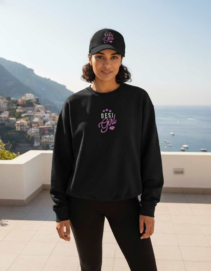 Desi girl Trucker Cap by Goatkapda featuring a stylish mesh back and embroidered front design on a casual cap.